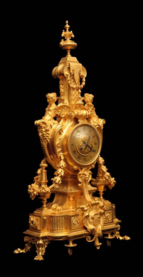 ANTIQUE FRENCH GOLD PLATED BRONZE LOUIS XVI MANTEL CLOCK AND MATCHING 